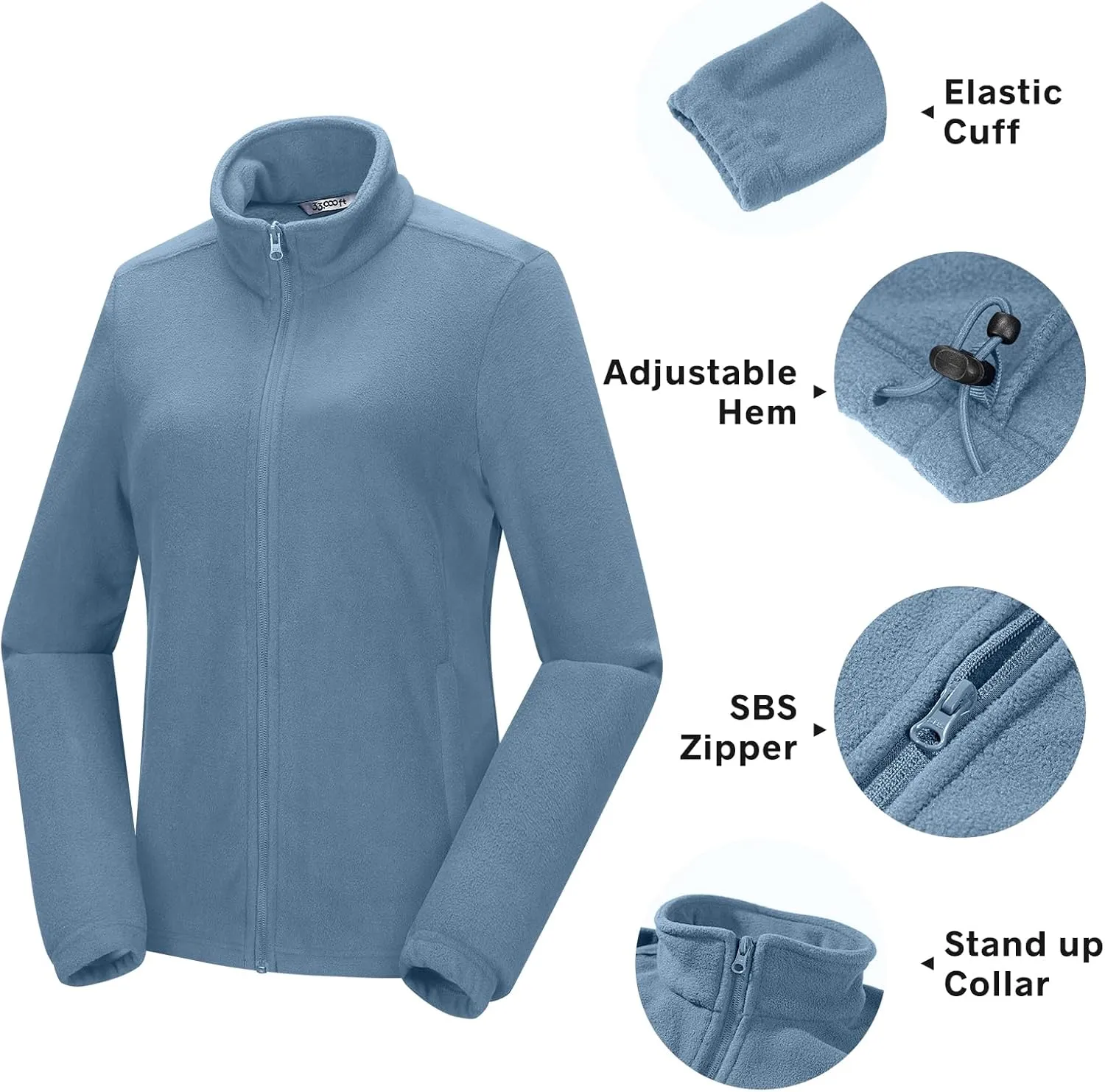 33,000ft Women's Zip Up Fleece Jacket, Long Sleeve Warm Soft Polar Lightweight Coat with Pockets for Winter