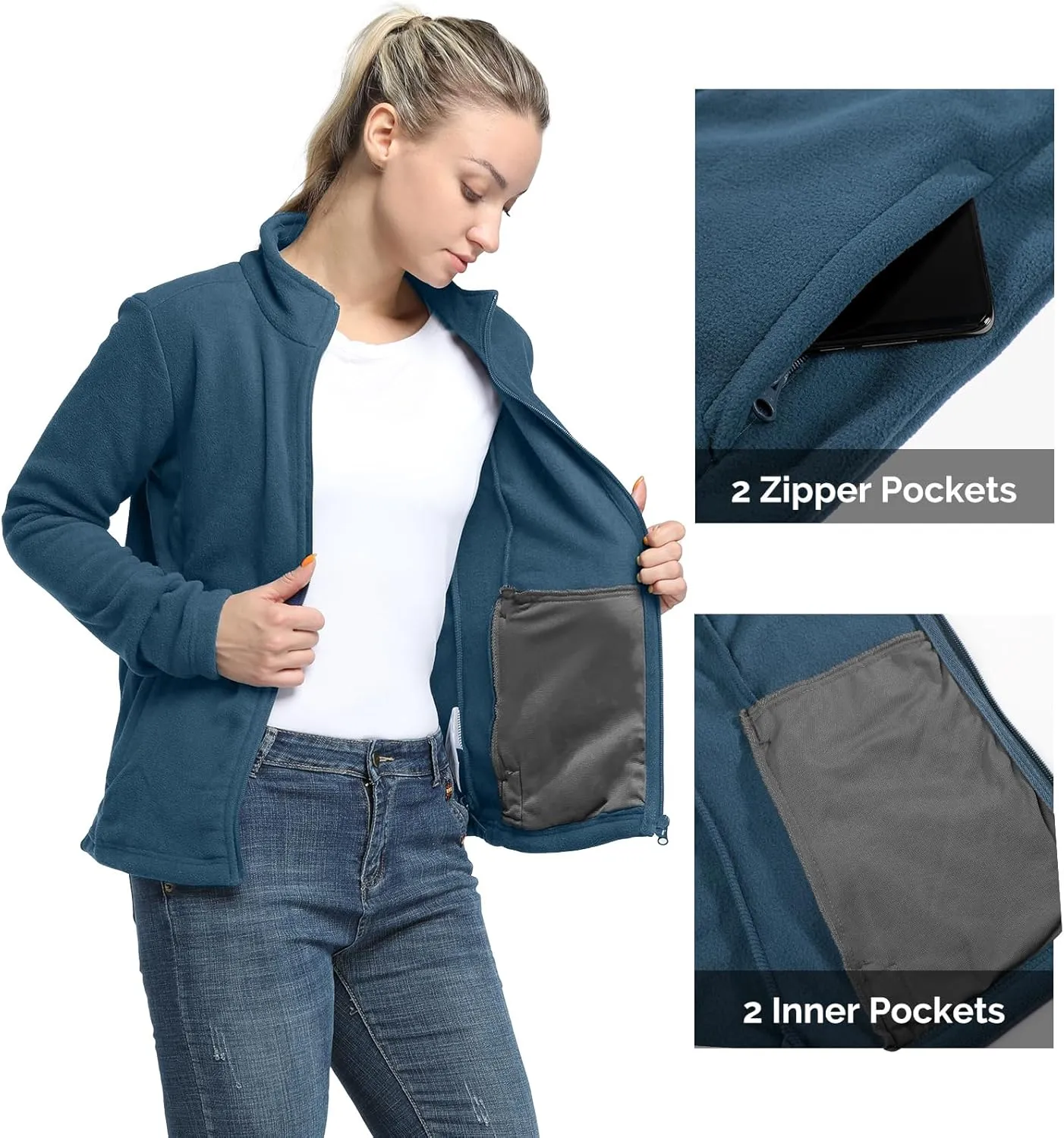 33,000ft Women's Zip Up Fleece Jacket, Long Sleeve Warm Soft Polar Lightweight Coat with Pockets for Winter
