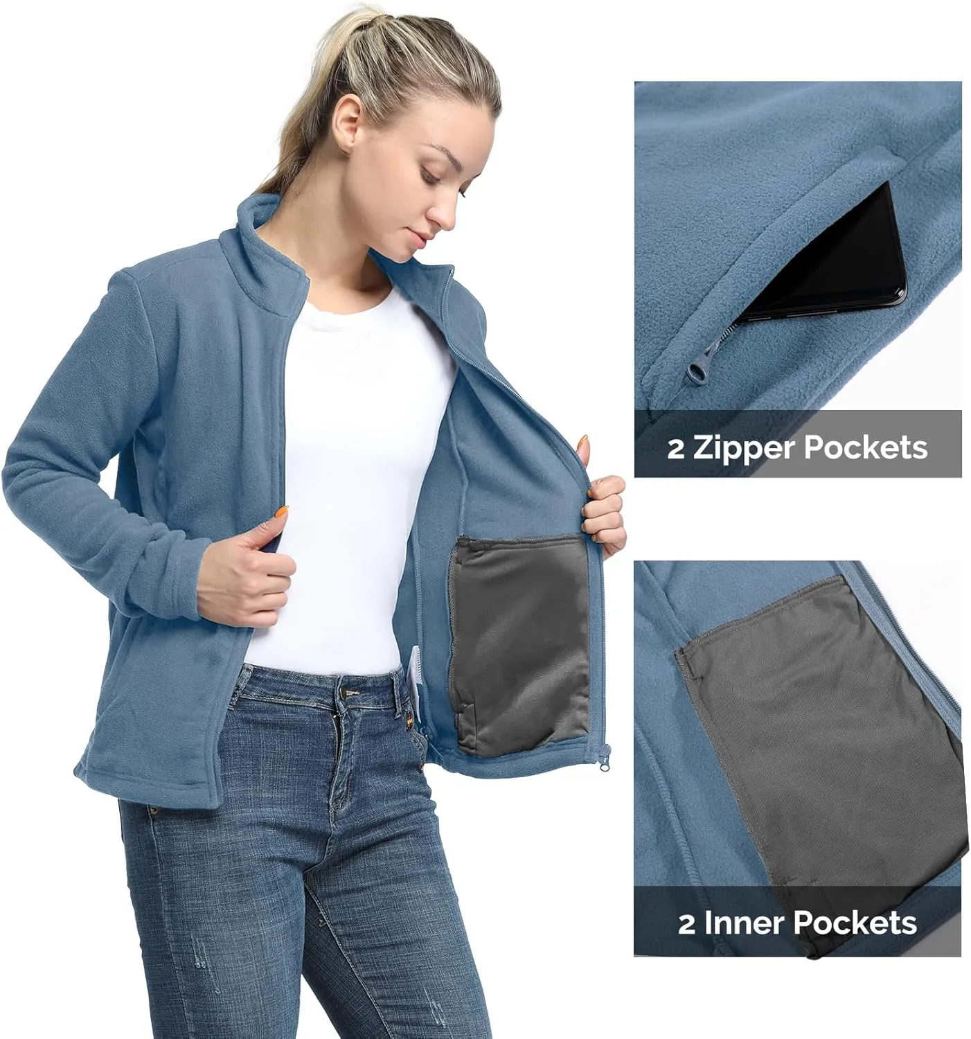 33,000ft Women's Zip Up Fleece Jacket, Long Sleeve Warm Soft Polar Lightweight Coat with Pockets for Winter