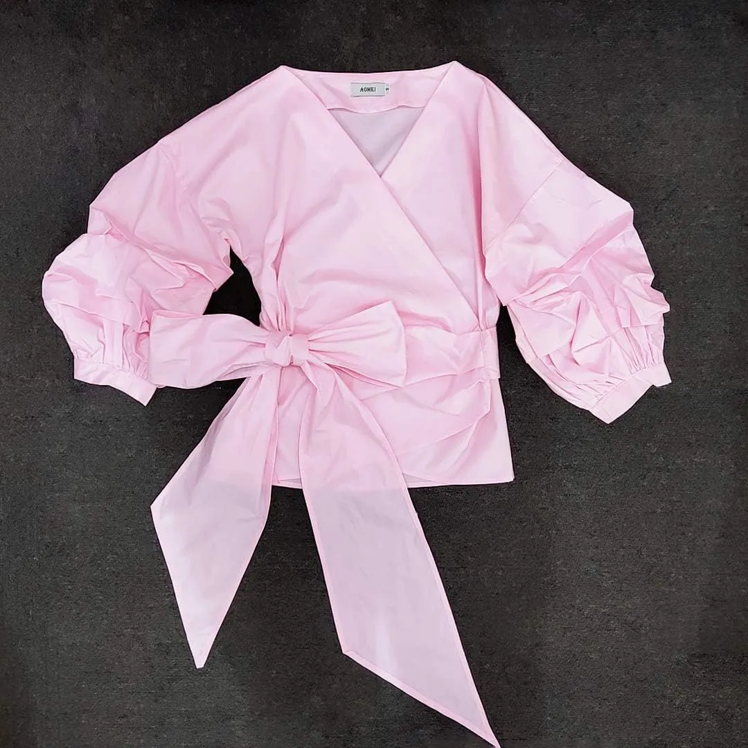 AOMEI Women Spring Summer Blouses with Puff Sleeve Sashes Shirts Tops