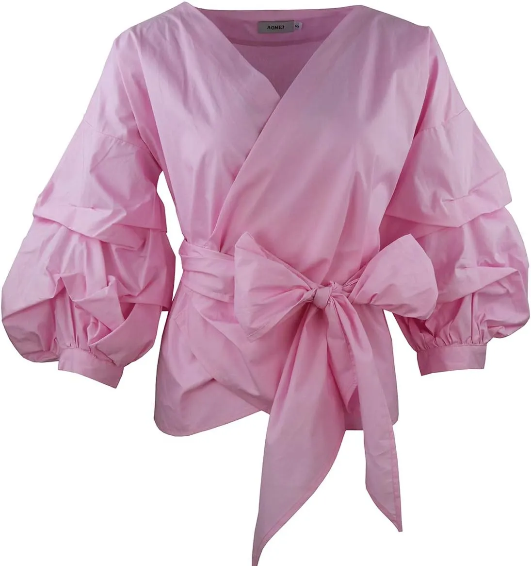 AOMEI Women Spring Summer Blouses with Puff Sleeve Sashes Shirts Tops