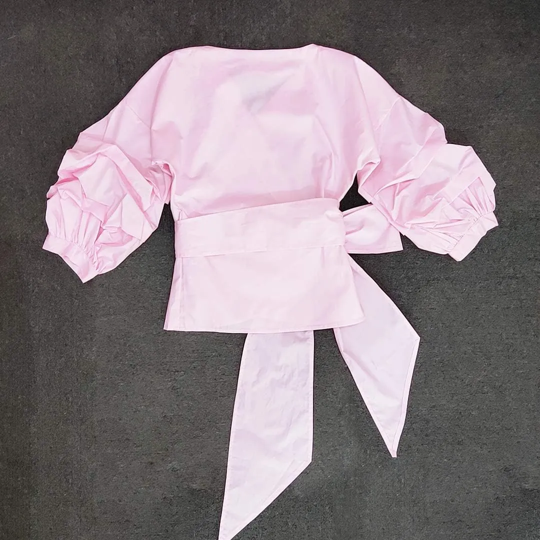 AOMEI Women Spring Summer Blouses with Puff Sleeve Sashes Shirts Tops