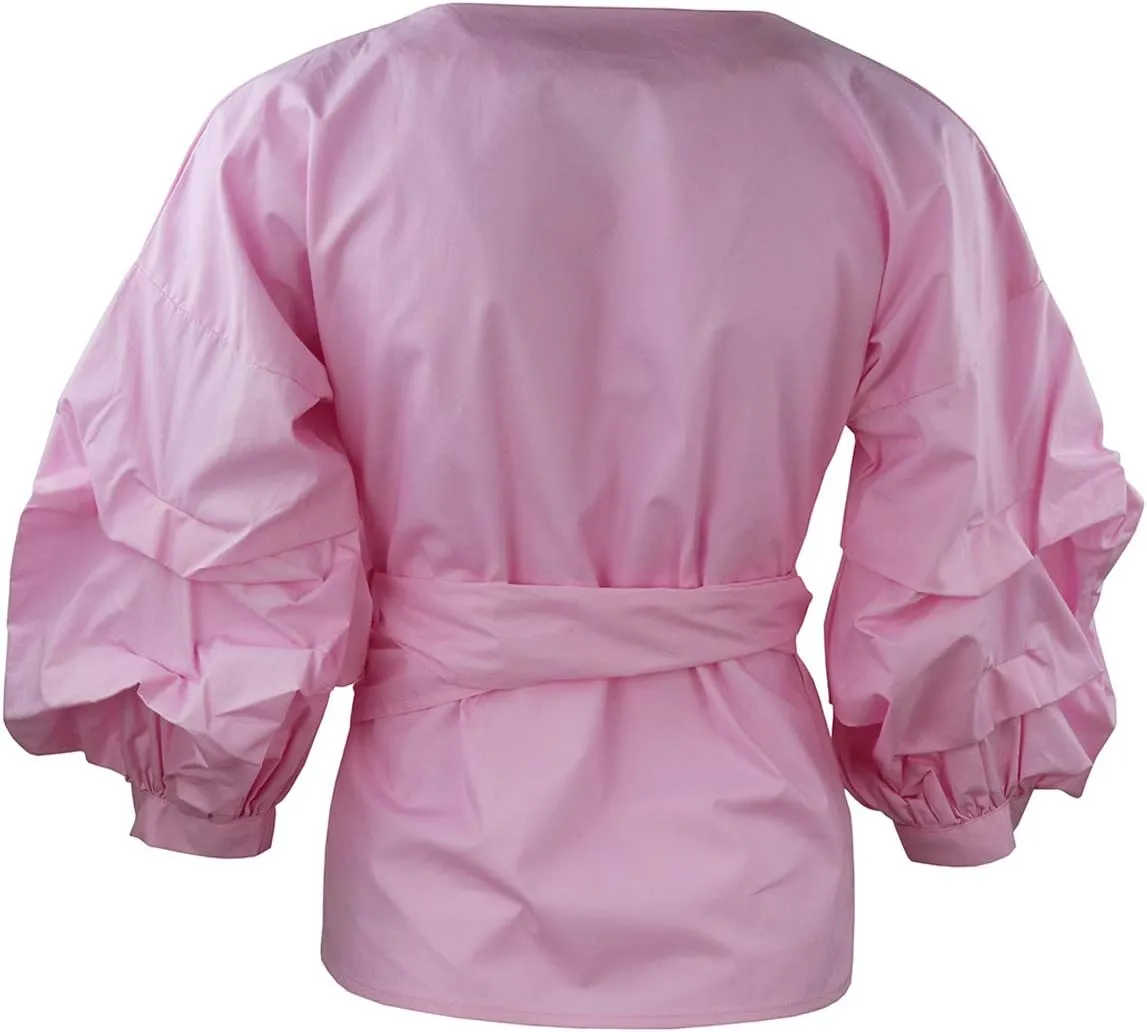 AOMEI Women Spring Summer Blouses with Puff Sleeve Sashes Shirts Tops