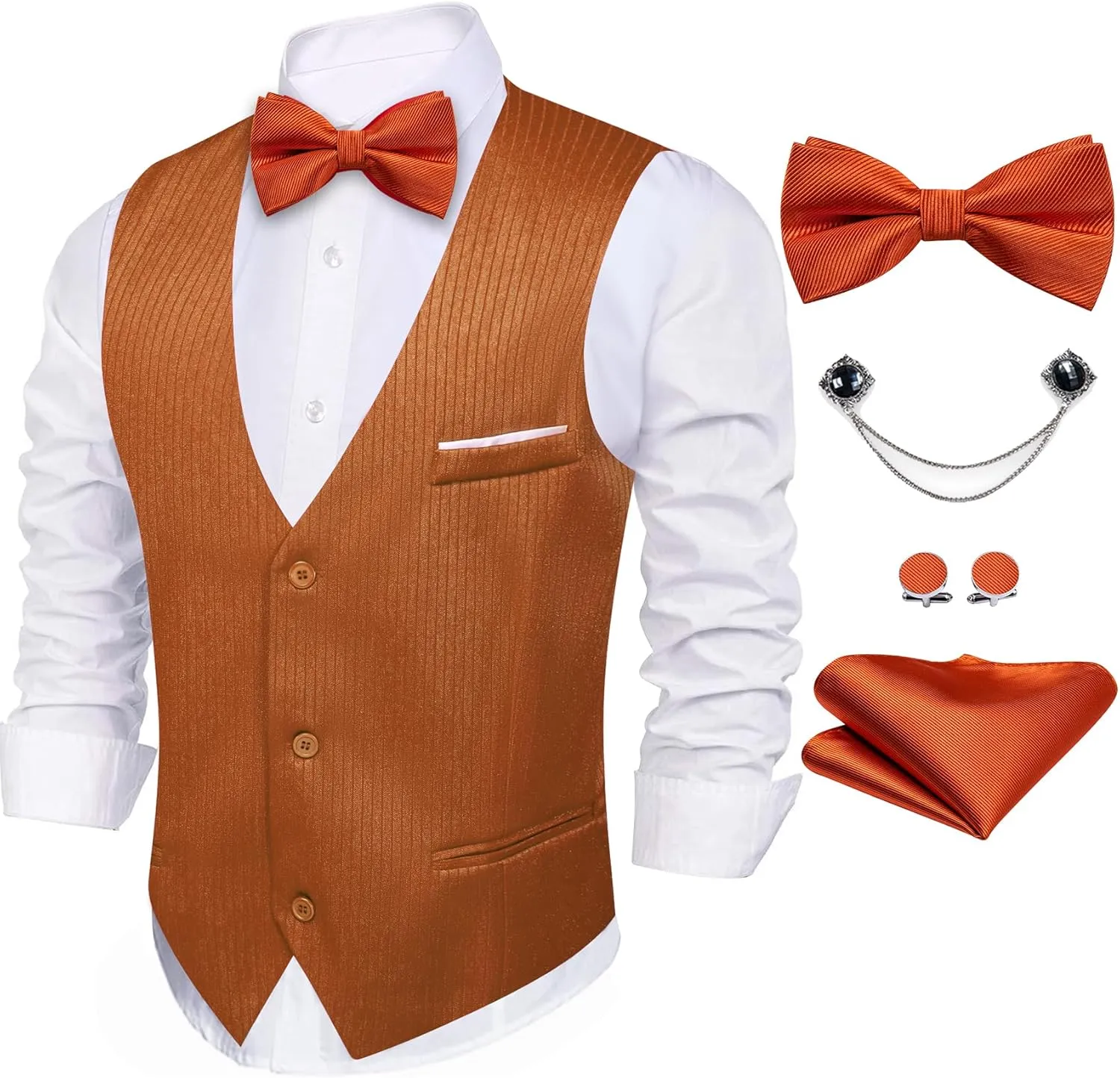 Barry.Wang Men's Suit Vest Business Formal Waistcoat Stripe/Plaid Classic Bowtie Set Wedding Party Business