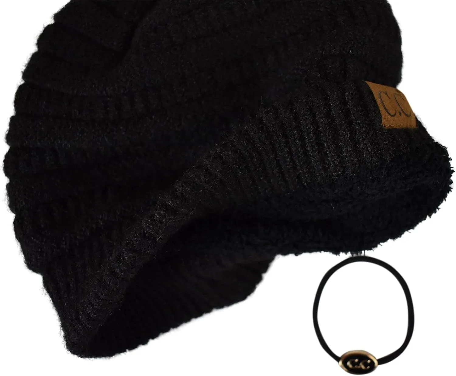 C.C Unisex Chunky Soft Stretch Cable Knit Warm Fuzzy Lined Skully Beanie