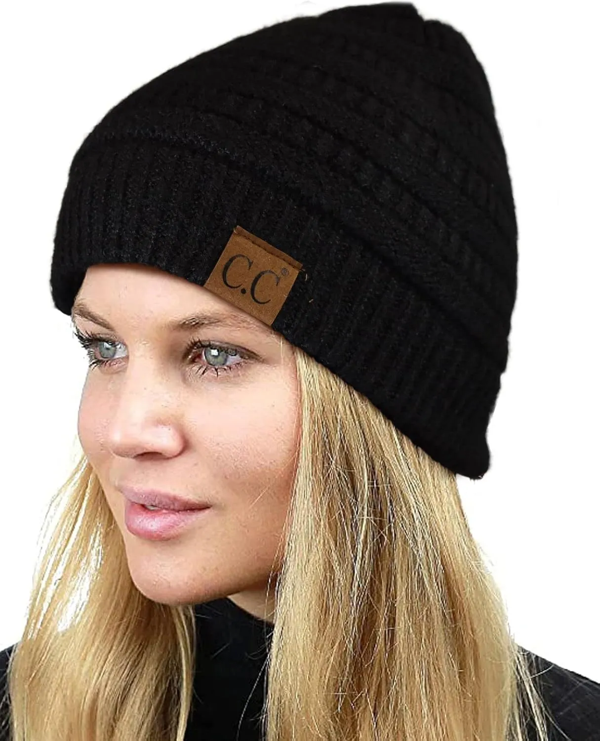 C.C Unisex Chunky Soft Stretch Cable Knit Warm Fuzzy Lined Skully Beanie