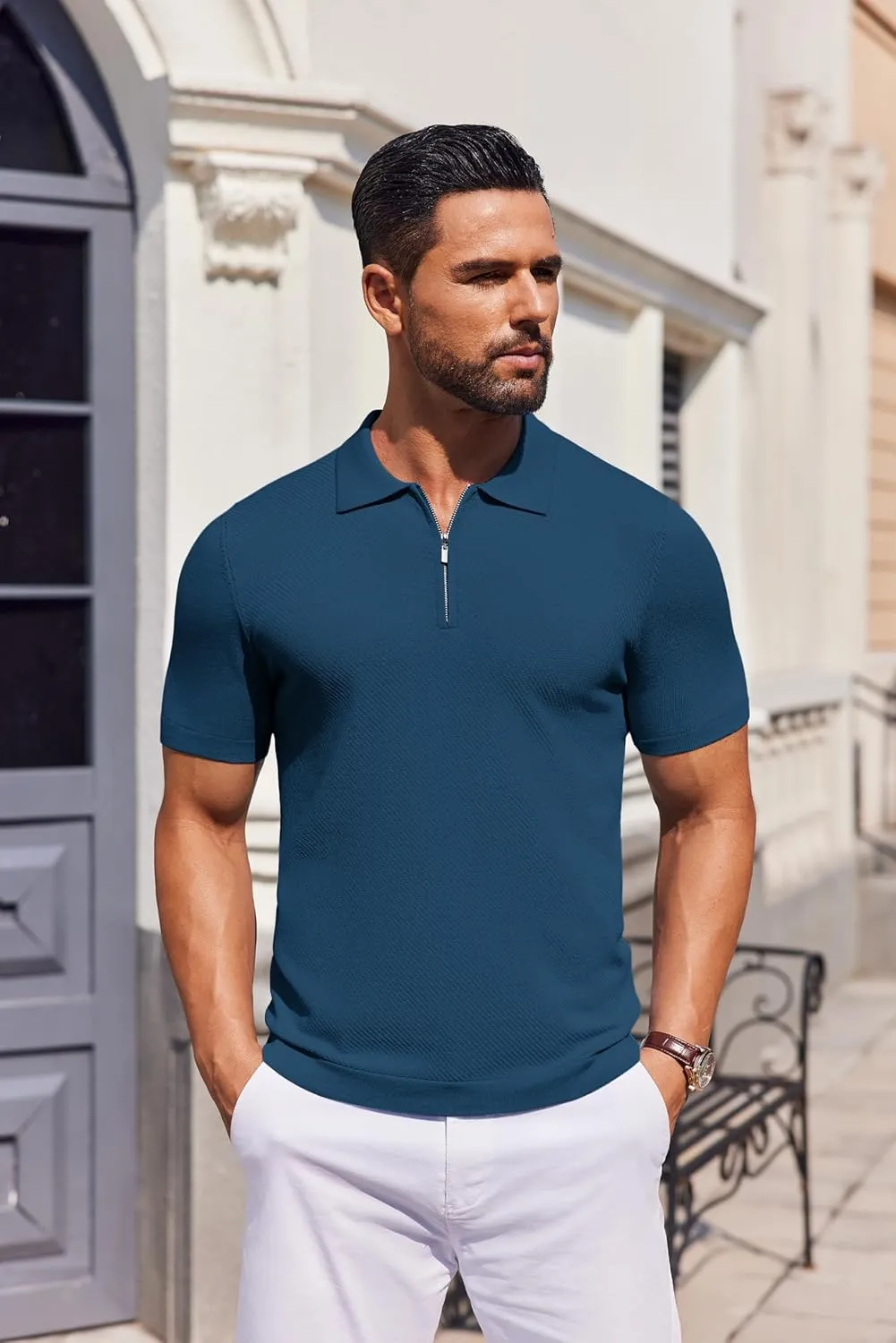COOFANDY Men's Zipper Polo Shirts Short Sleeve Knit Polo T Shirt Casual Golf Polos for Men