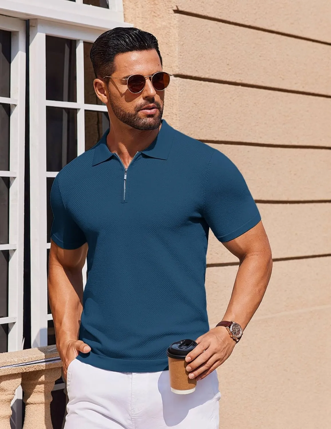 COOFANDY Men's Zipper Polo Shirts Short Sleeve Knit Polo T Shirt Casual Golf Polos for Men
