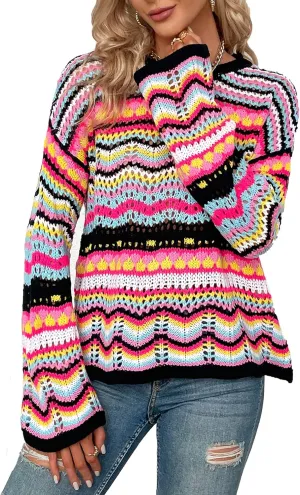 CORIRESHA Women's Y2K Colorful Stripes Crochet Sheer Long Sleeve Casual Knit Pullover Sweater