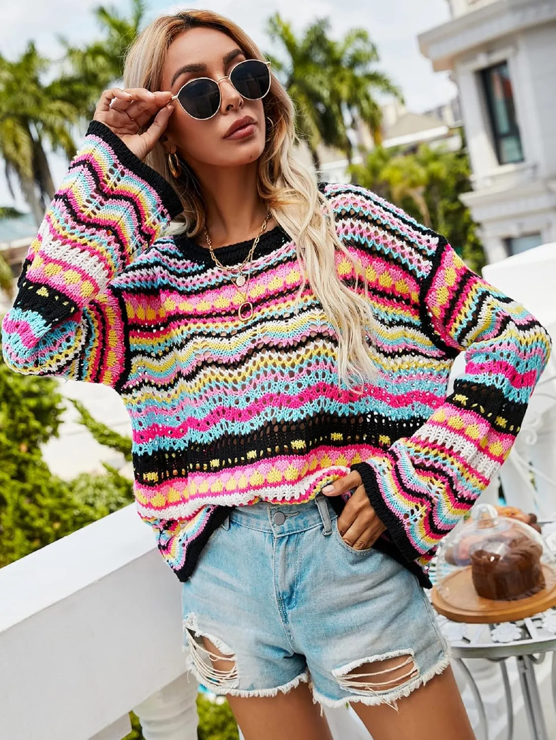 CORIRESHA Women's Y2K Colorful Stripes Crochet Sheer Long Sleeve Casual Knit Pullover Sweater
