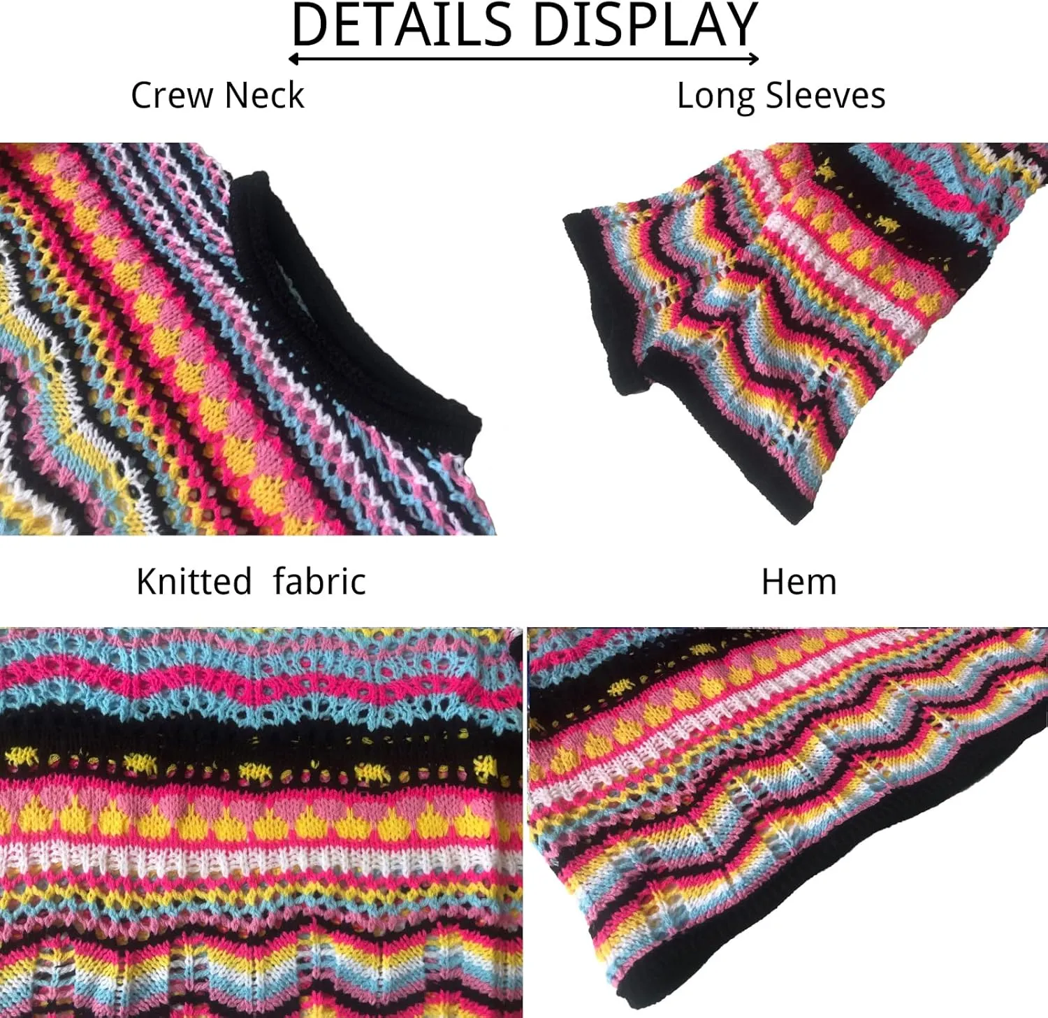 CORIRESHA Women's Y2K Colorful Stripes Crochet Sheer Long Sleeve Casual Knit Pullover Sweater