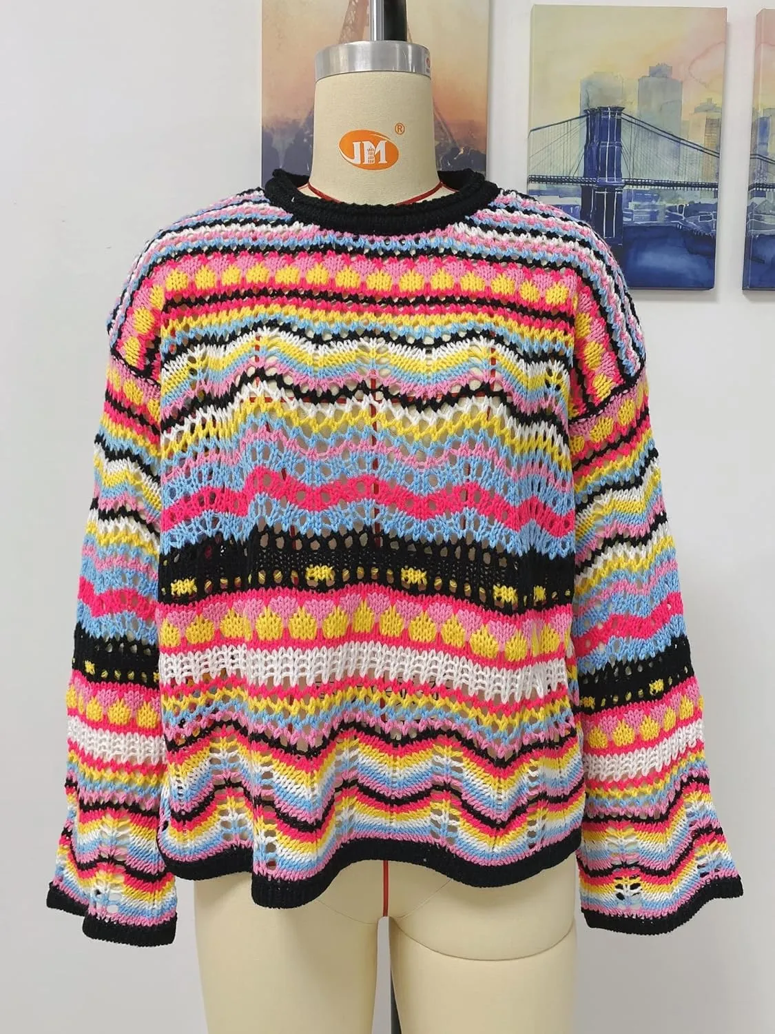 CORIRESHA Women's Y2K Colorful Stripes Crochet Sheer Long Sleeve Casual Knit Pullover Sweater