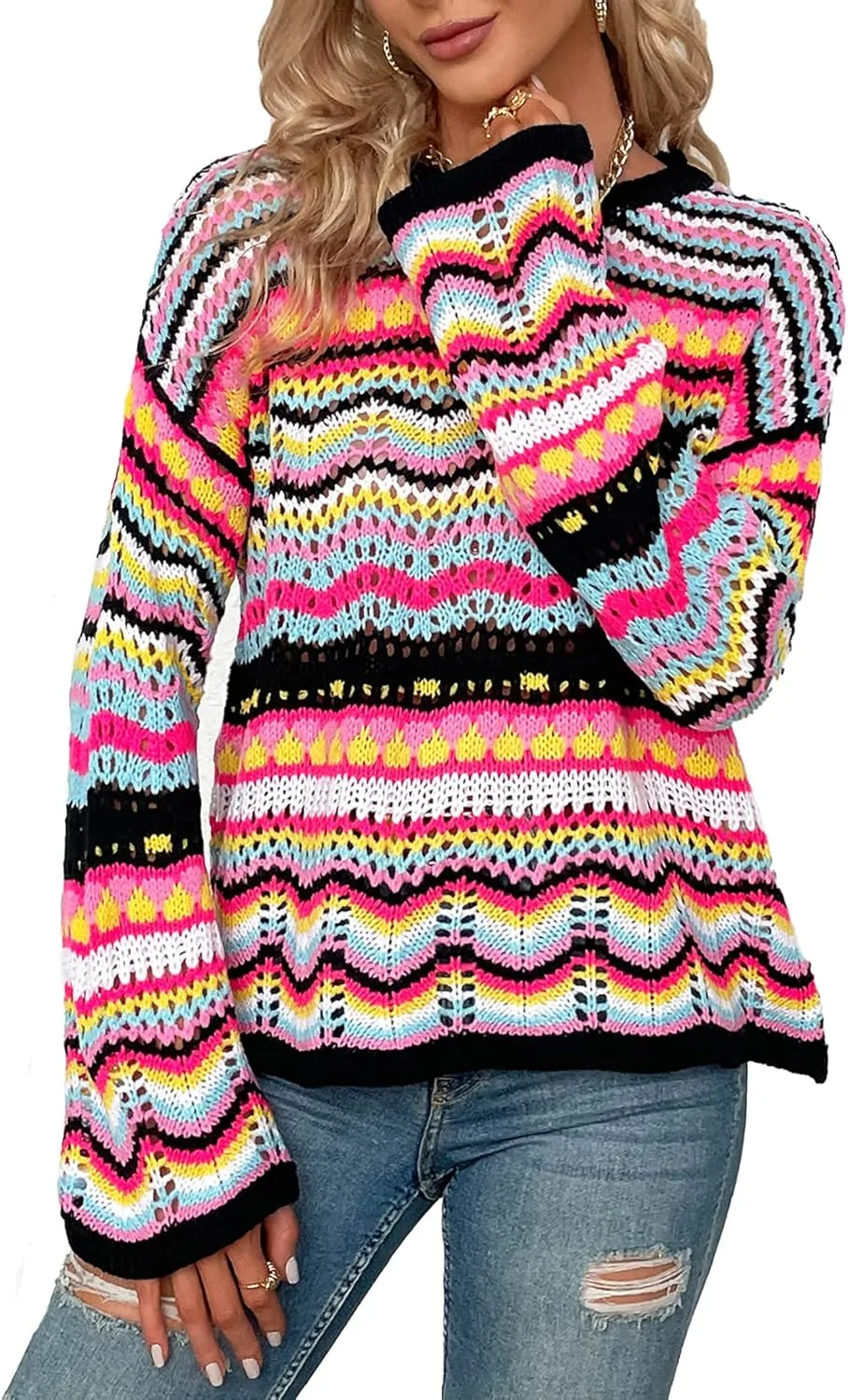 CORIRESHA Women's Y2K Colorful Stripes Crochet Sheer Long Sleeve Casual Knit Pullover Sweater
