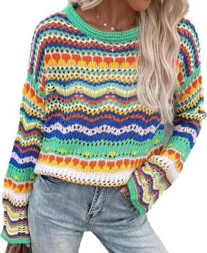 CORIRESHA Women's Y2K Colorful Stripes Crochet Sheer Long Sleeve Casual Knit Pullover Sweater
