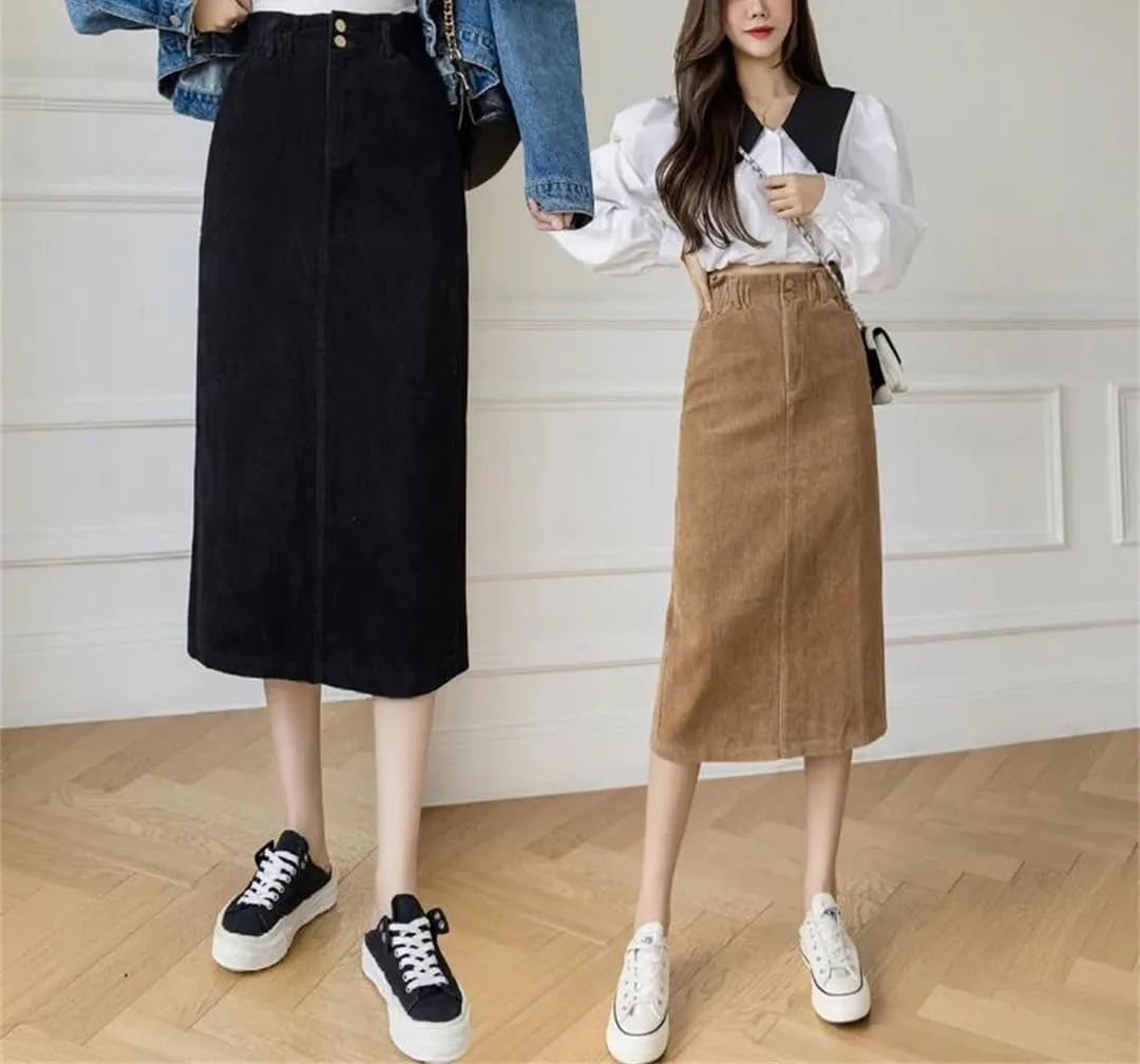 Dbdkejj Women's Autumn High Waist Back Slit Skirt Pencil Midi Skirt