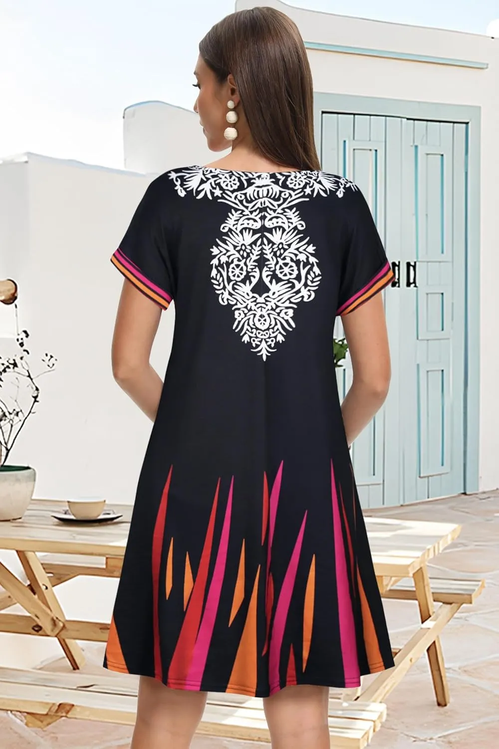 elescat Summer Dresses for Women V Neck Short Sleeve Flowy Tshirt Dress Casual Loose Sundress with Pockets