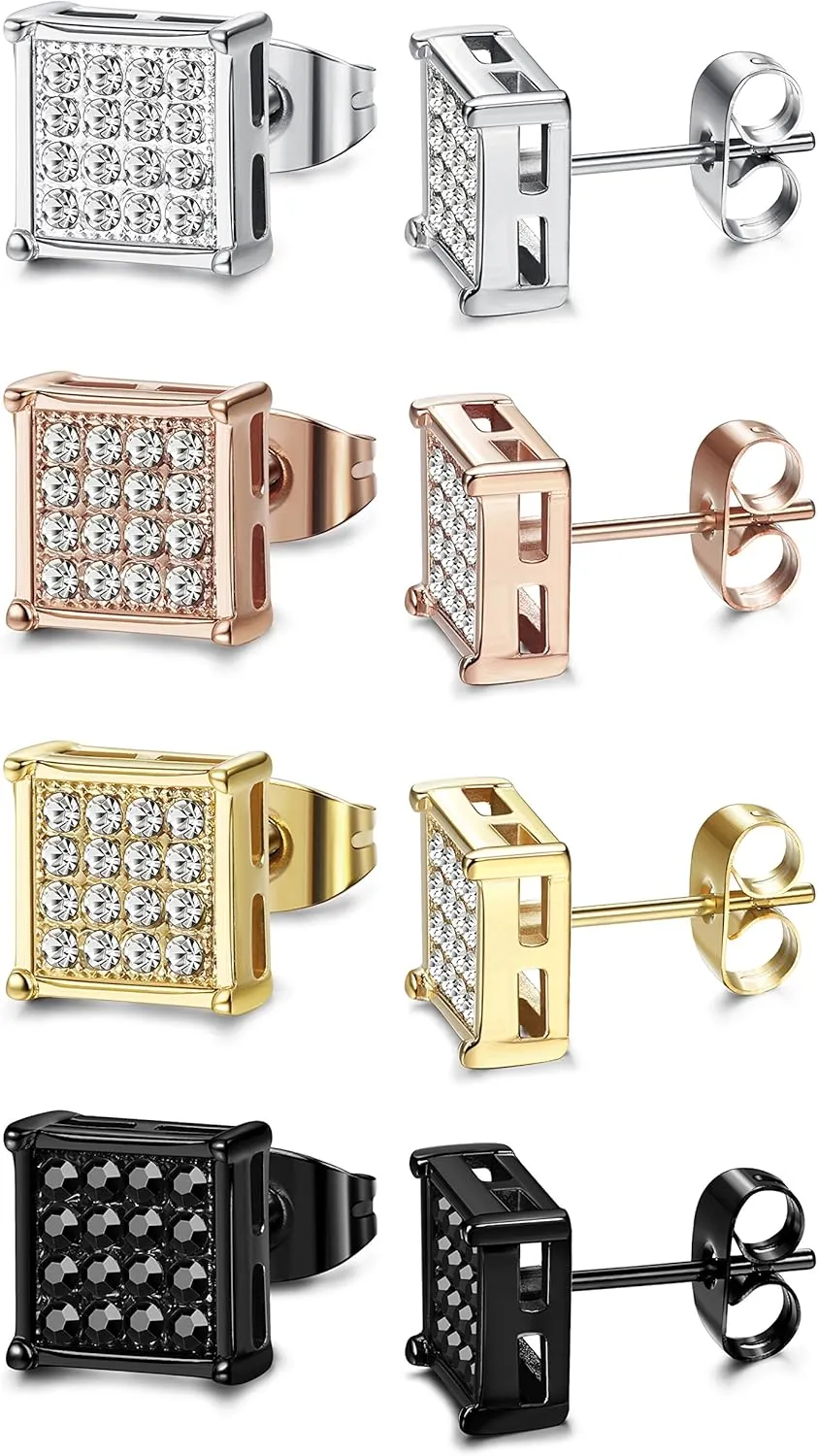 FIBO STEEL 4-8 Pairs Stainless Steel Stud Earrings for Men Women Square CZ Earrings,6-8MM