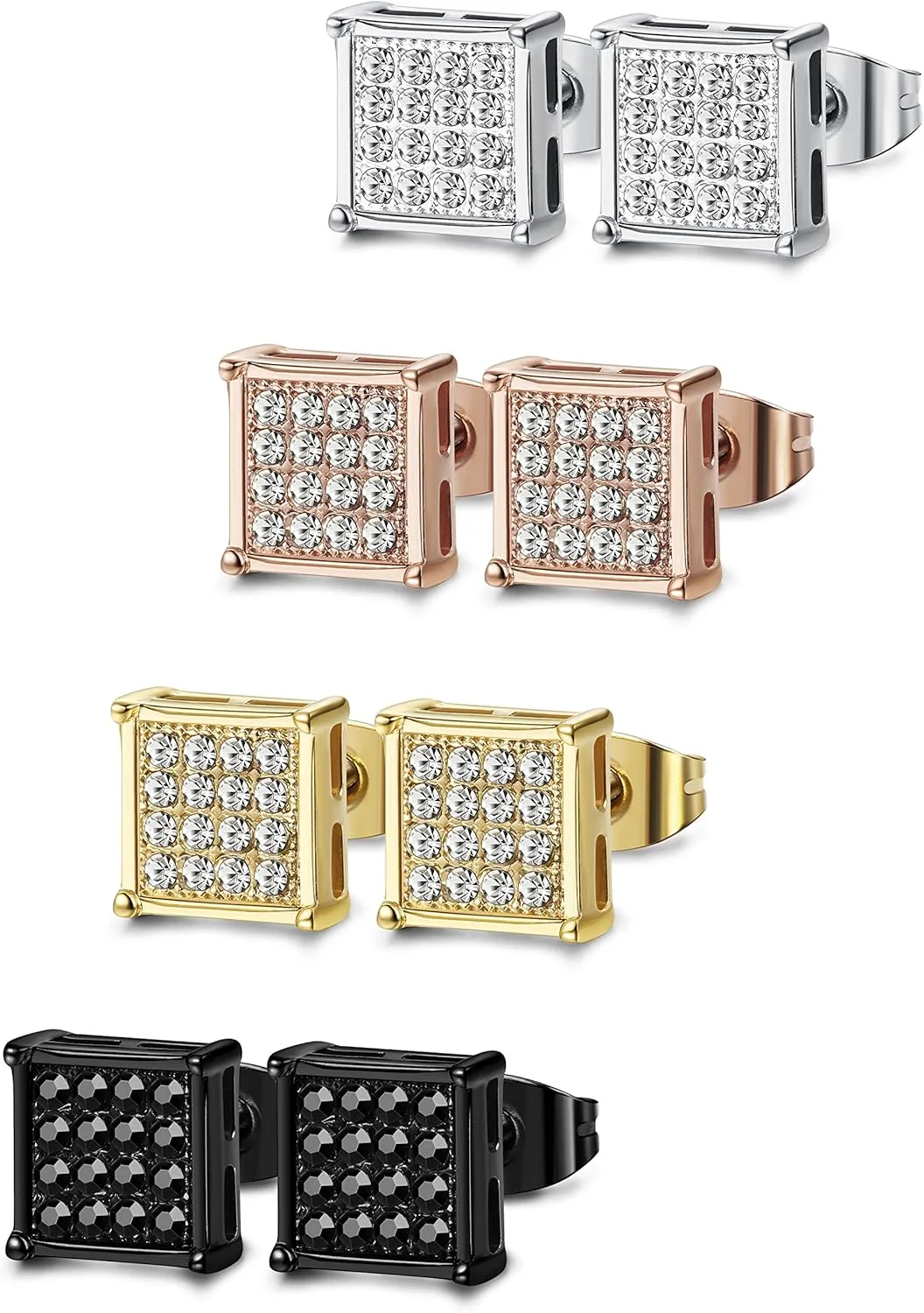 FIBO STEEL 4-8 Pairs Stainless Steel Stud Earrings for Men Women Square CZ Earrings,6-8MM
