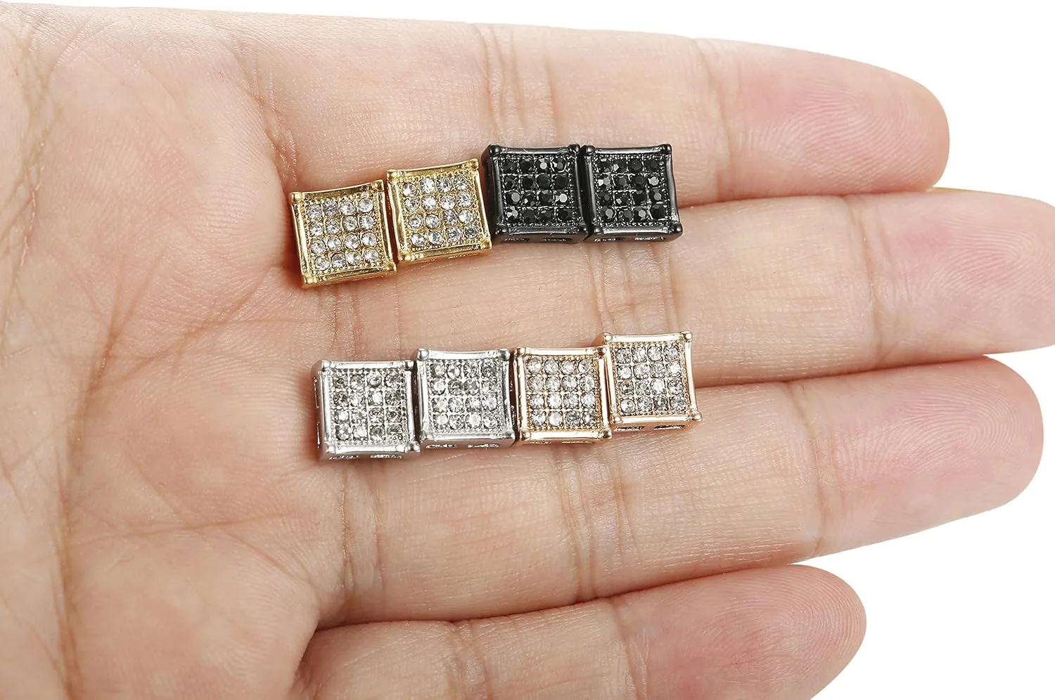 FIBO STEEL 4-8 Pairs Stainless Steel Stud Earrings for Men Women Square CZ Earrings,6-8MM