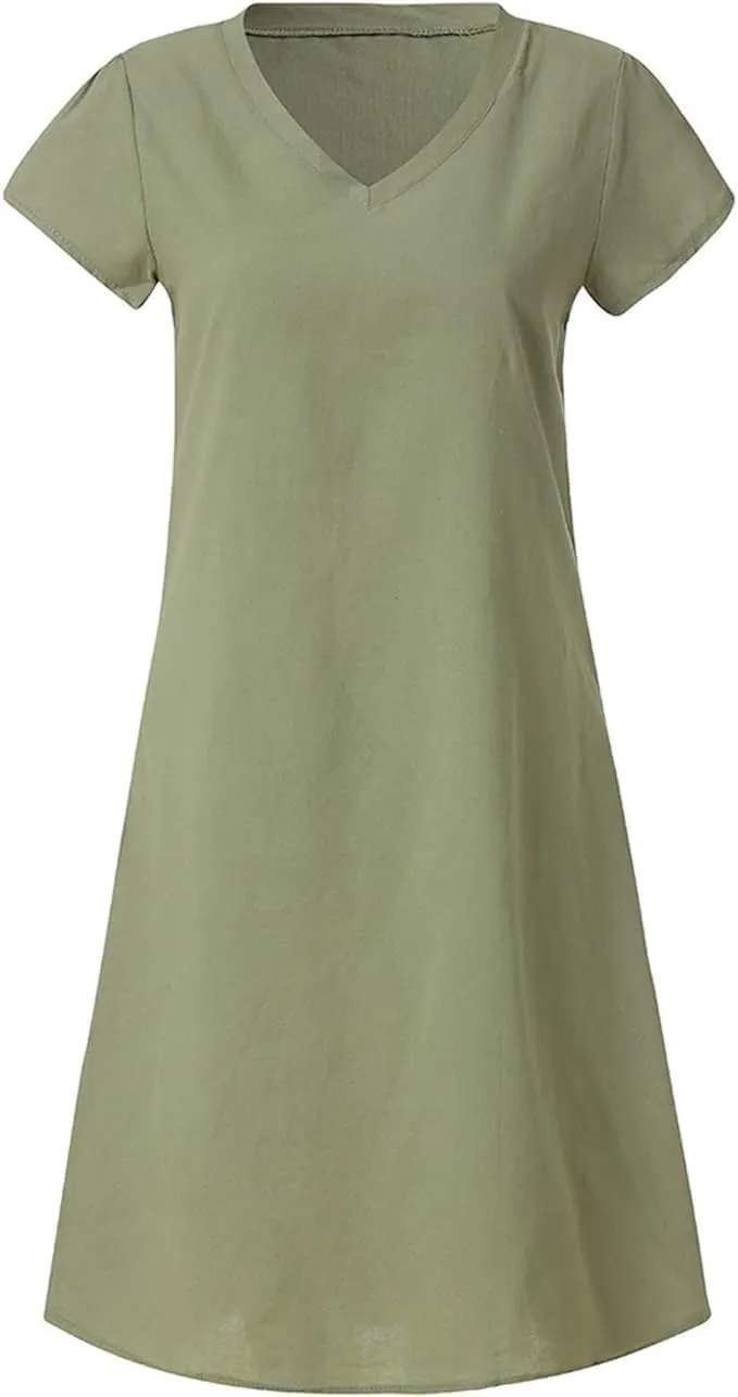 Fronage Women's Cotton Linen Midi Dress V Neck Short Sleeve Causal Loose Tshirt Dresses Summer