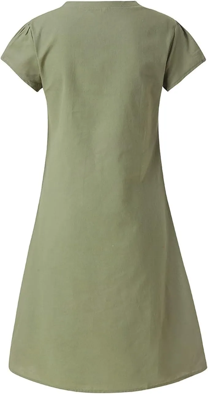 Fronage Women's Cotton Linen Midi Dress V Neck Short Sleeve Causal Loose Tshirt Dresses Summer