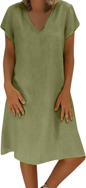 Fronage Women's Cotton Linen Midi Dress V Neck Short Sleeve Causal Loose Tshirt Dresses Summer
