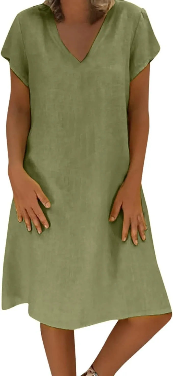 Fronage Women's Cotton Linen Midi Dress V Neck Short Sleeve Causal Loose Tshirt Dresses Summer