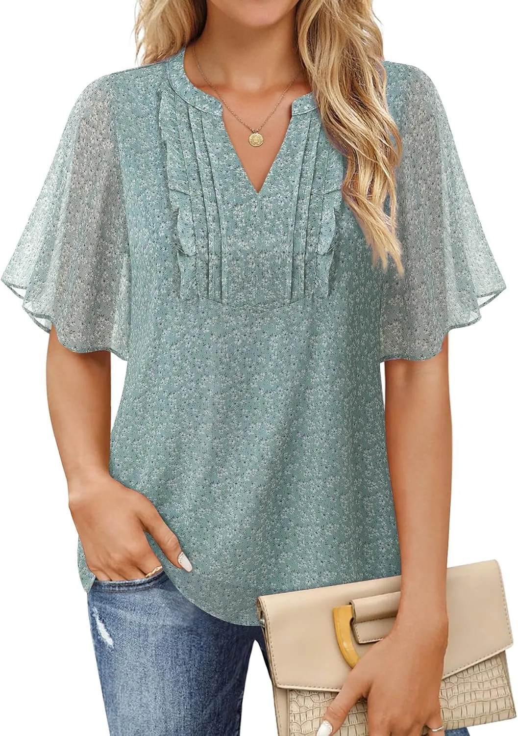 Furnex Womens Blouses Chiffon Ruffle Short Sleeve Tops Summer Pleated V Neck Casual Work Tops