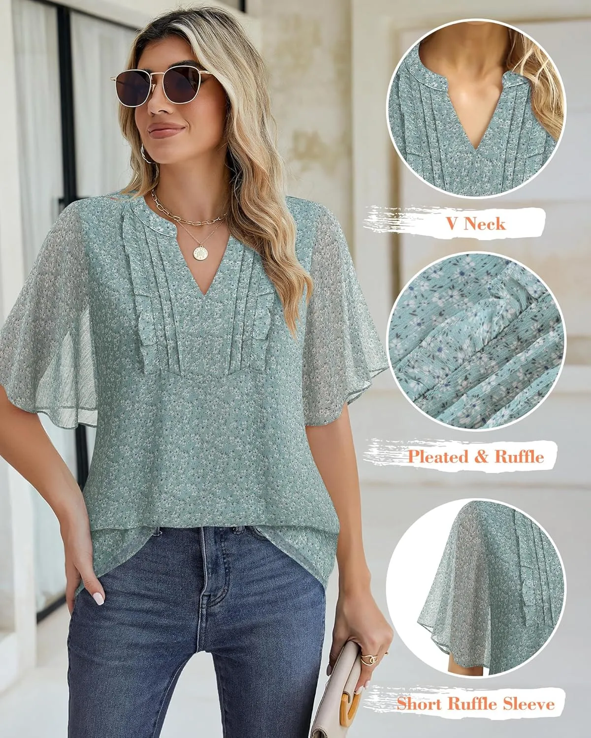 Furnex Womens Blouses Chiffon Ruffle Short Sleeve Tops Summer Pleated V Neck Casual Work Tops