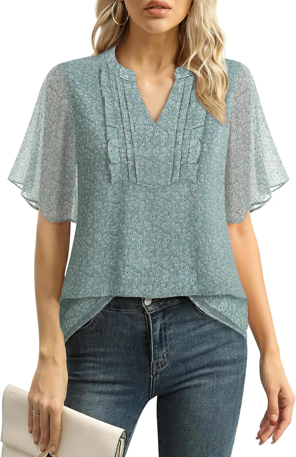 Furnex Womens Blouses Chiffon Ruffle Short Sleeve Tops Summer Pleated V Neck Casual Work Tops