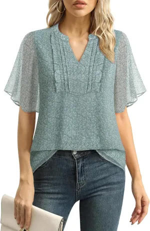 Furnex Womens Blouses Chiffon Ruffle Short Sleeve Tops Summer Pleated V Neck Casual Work Tops