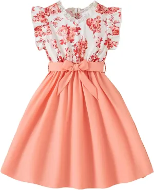 Girl's Ruffle Trim Short Sleeve Dress Lace Trim V Neck High Waist A Line Belted Midi Dresses