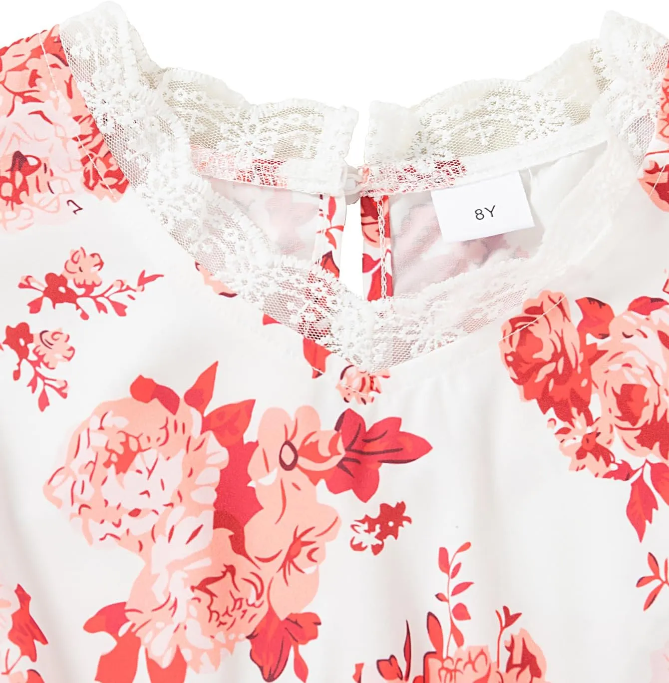 Girl's Ruffle Trim Short Sleeve Dress Lace Trim V Neck High Waist A Line Belted Midi Dresses