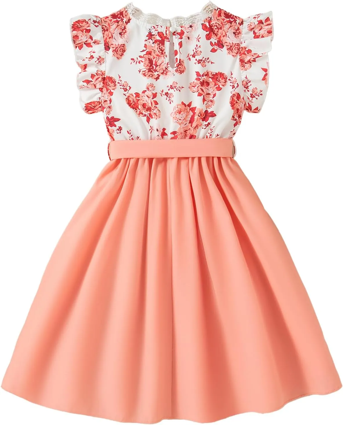 Girl's Ruffle Trim Short Sleeve Dress Lace Trim V Neck High Waist A Line Belted Midi Dresses