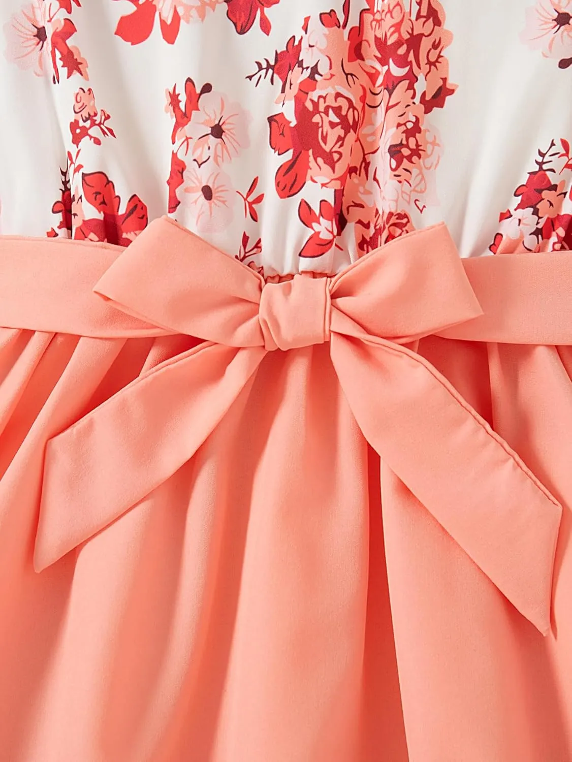 Girl's Ruffle Trim Short Sleeve Dress Lace Trim V Neck High Waist A Line Belted Midi Dresses