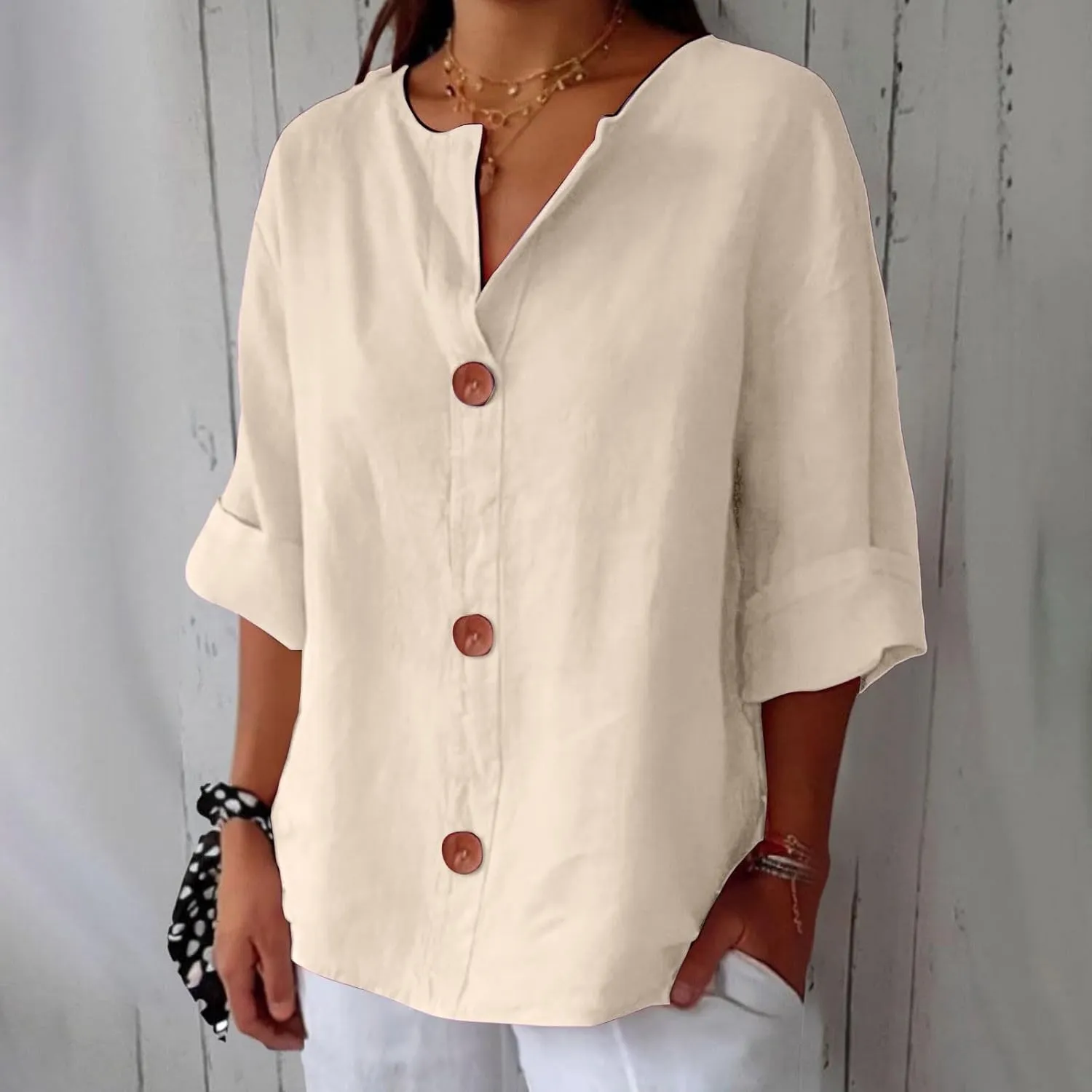 Linen Shirts for Women Summer 2025 Cotton Linen V Neck 3/4 Sleeve Tops Loose Vacation Beach Solid Blouses Tunic