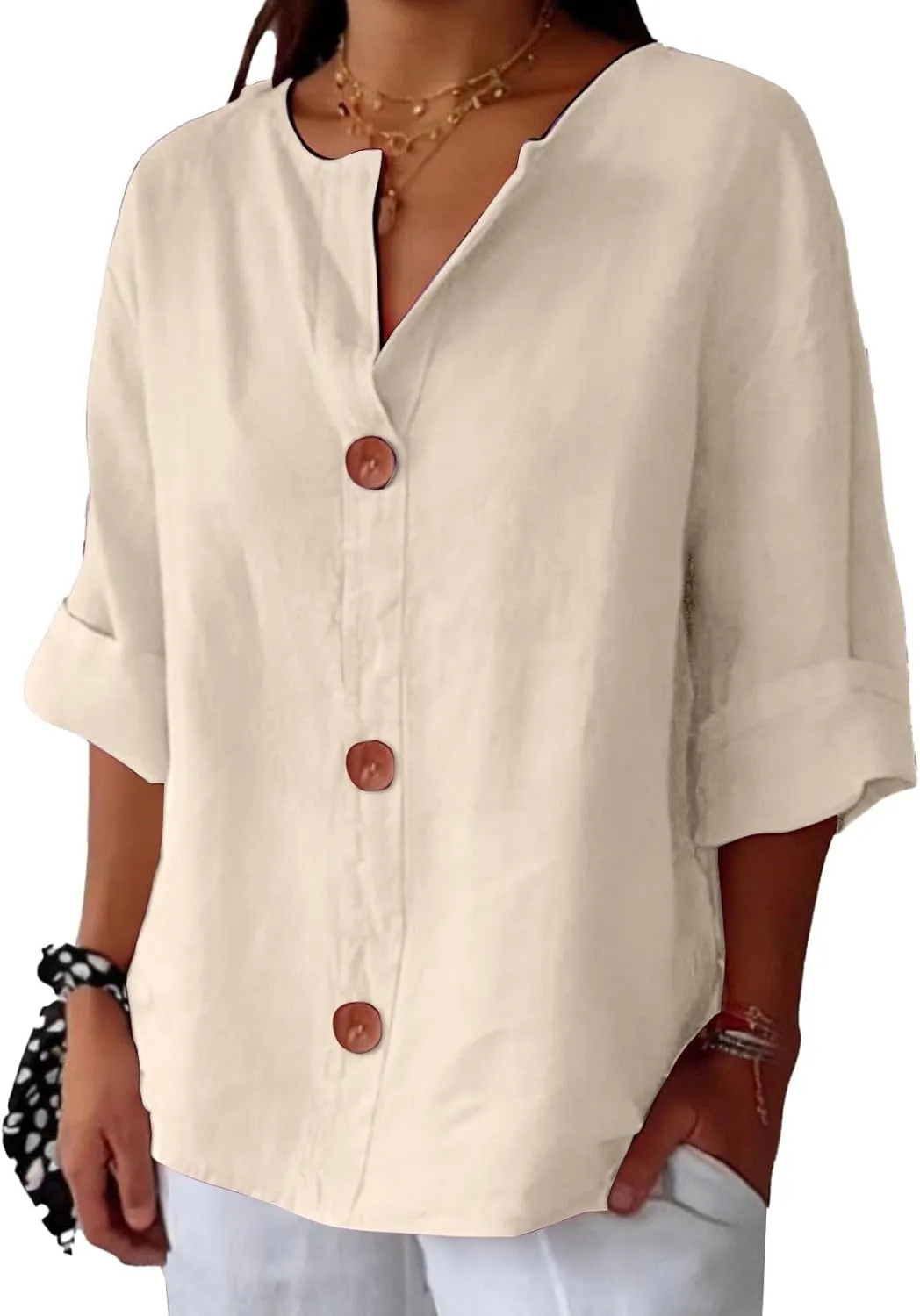 Linen Shirts for Women Summer 2025 Cotton Linen V Neck 3/4 Sleeve Tops Loose Vacation Beach Solid Blouses Tunic