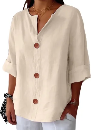 Linen Shirts for Women Summer 2025 Cotton Linen V Neck 3/4 Sleeve Tops Loose Vacation Beach Solid Blouses Tunic