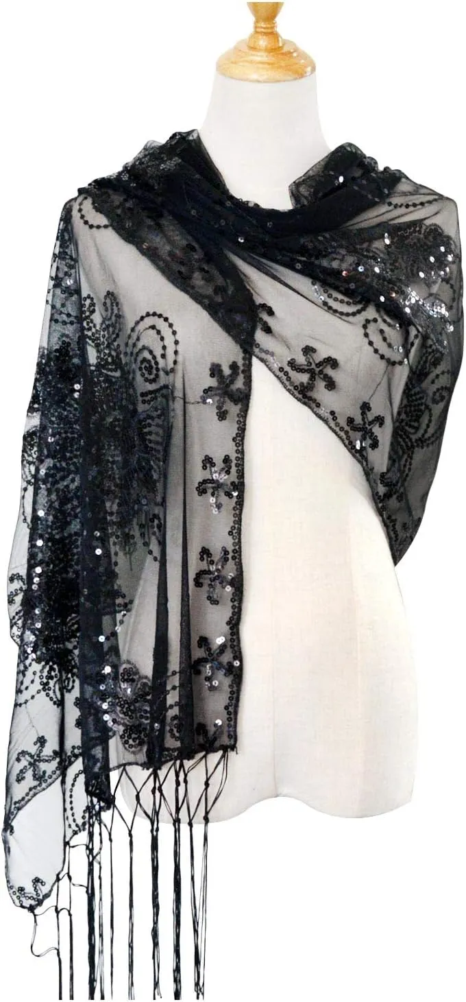 L'VOW Women's Glittering 1920s Scarf Mesh Sequin Wedding Cape Fringed Evening Shawl Wrap