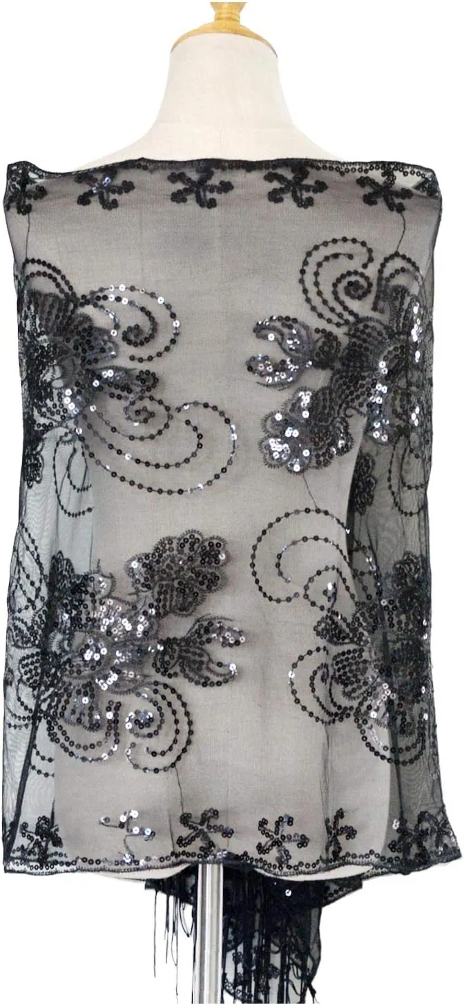 L'VOW Women's Glittering 1920s Scarf Mesh Sequin Wedding Cape Fringed Evening Shawl Wrap