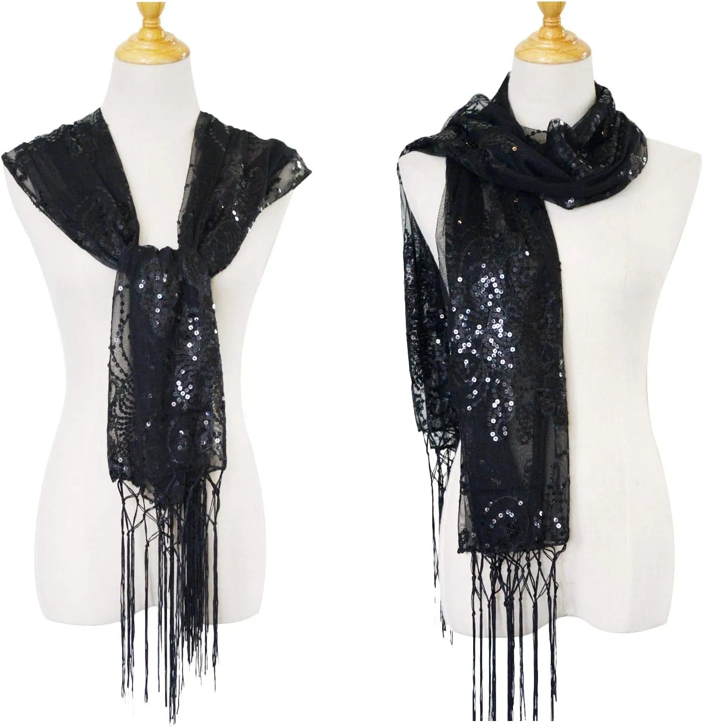 L'VOW Women's Glittering 1920s Scarf Mesh Sequin Wedding Cape Fringed Evening Shawl Wrap
