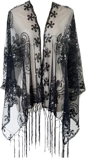 L'VOW Women's Glittering 1920s Scarf Mesh Sequin Wedding Cape Fringed Evening Shawl Wrap
