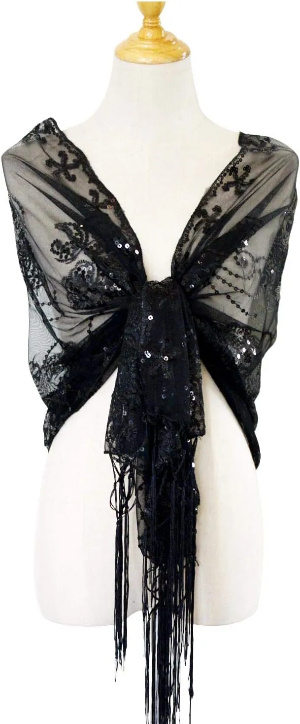 L'VOW Women's Glittering 1920s Scarf Mesh Sequin Wedding Cape Fringed Evening Shawl Wrap