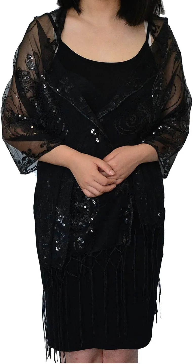 L'VOW Women's Glittering 1920s Scarf Mesh Sequin Wedding Cape Fringed Evening Shawl Wrap