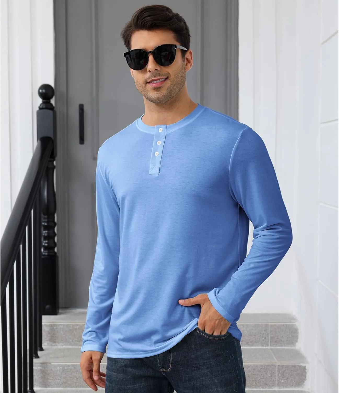 Men's Casual Henley Shirts Long Sleeve Casual Basic T Shirt Soild Button Tee Top