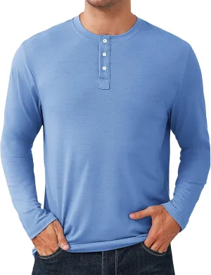 Men's Casual Henley Shirts Long Sleeve Casual Basic T Shirt Soild Button Tee Top