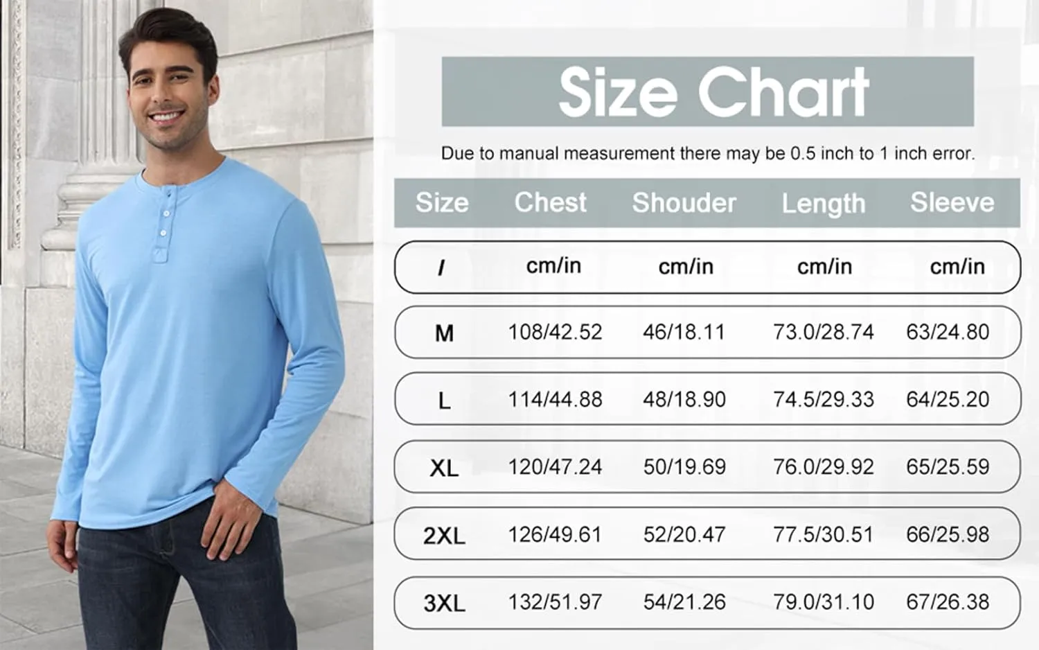 Men's Casual Henley Shirts Long Sleeve Casual Basic T Shirt Soild Button Tee Top