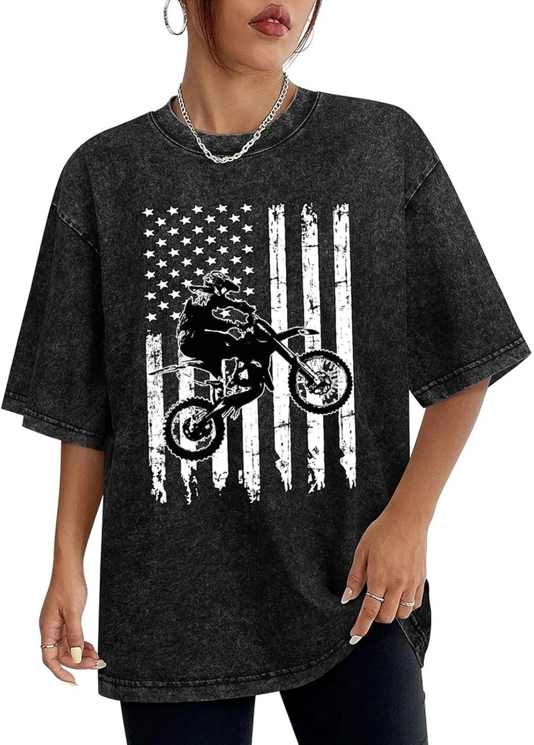 Motocross Dirt Bike Men's T Shirt Vintage Wash Tee Crew Neck Shoulder Tops Casual Pullover for Women
