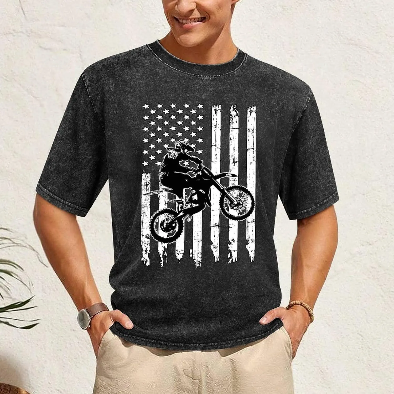 Motocross Dirt Bike Men's T Shirt Vintage Wash Tee Crew Neck Shoulder Tops Casual Pullover for Women