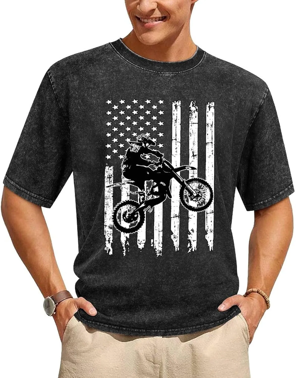 Motocross Dirt Bike Men's T Shirt Vintage Wash Tee Crew Neck Shoulder Tops Casual Pullover for Women